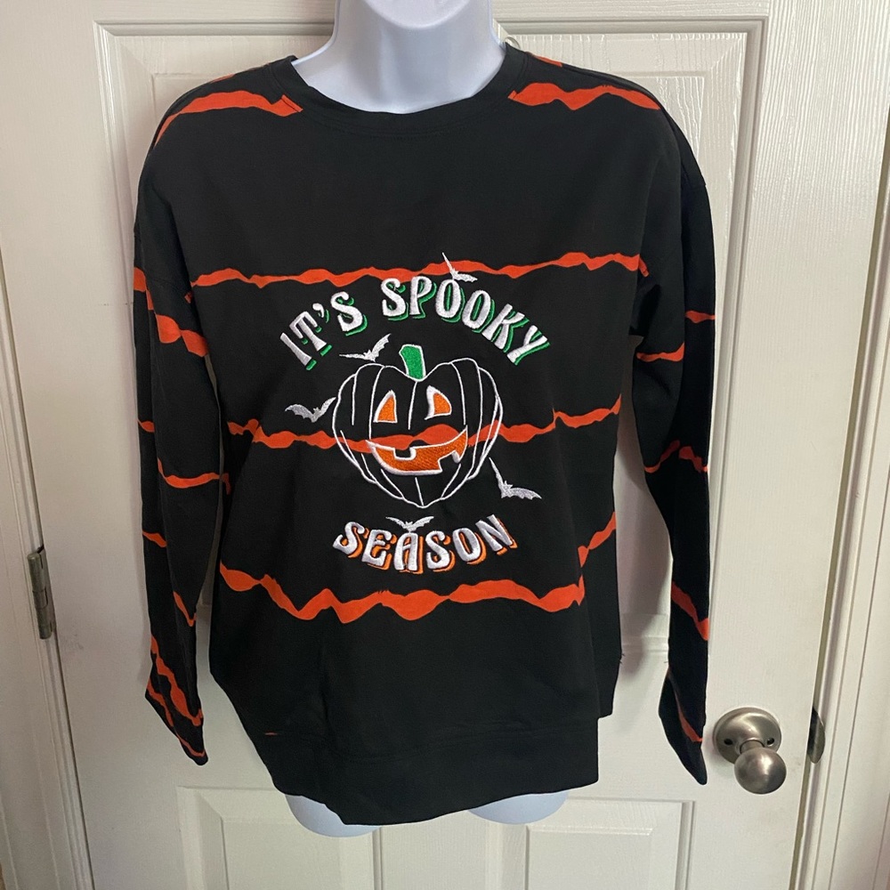 SPOOKY  SEASON Womens Sweatshirt Jrs Small  S  Black Sweatshirt w/ headband NWT
